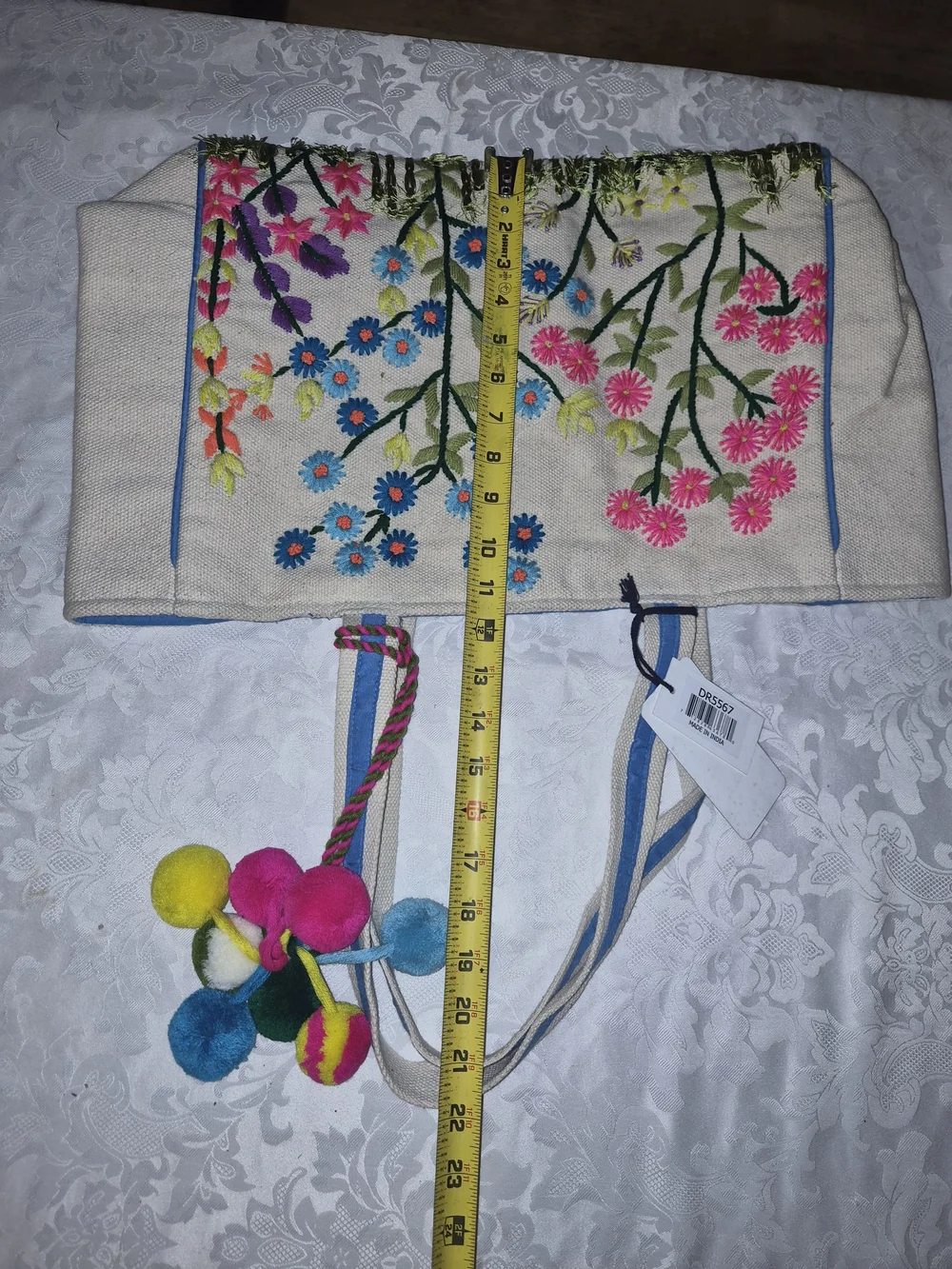 Canvas Floral Embroidered Tote with Colorful Pom-Poms - Unbranded
